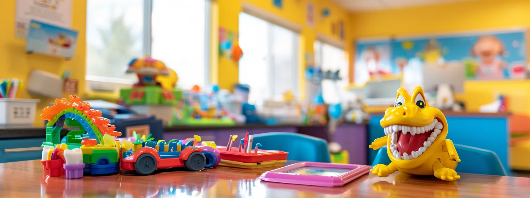 a cheerful pediatric dentist in airdrie, surrounded by colorful and engaging toys, welcoming a smiling child into the bright, playful office.