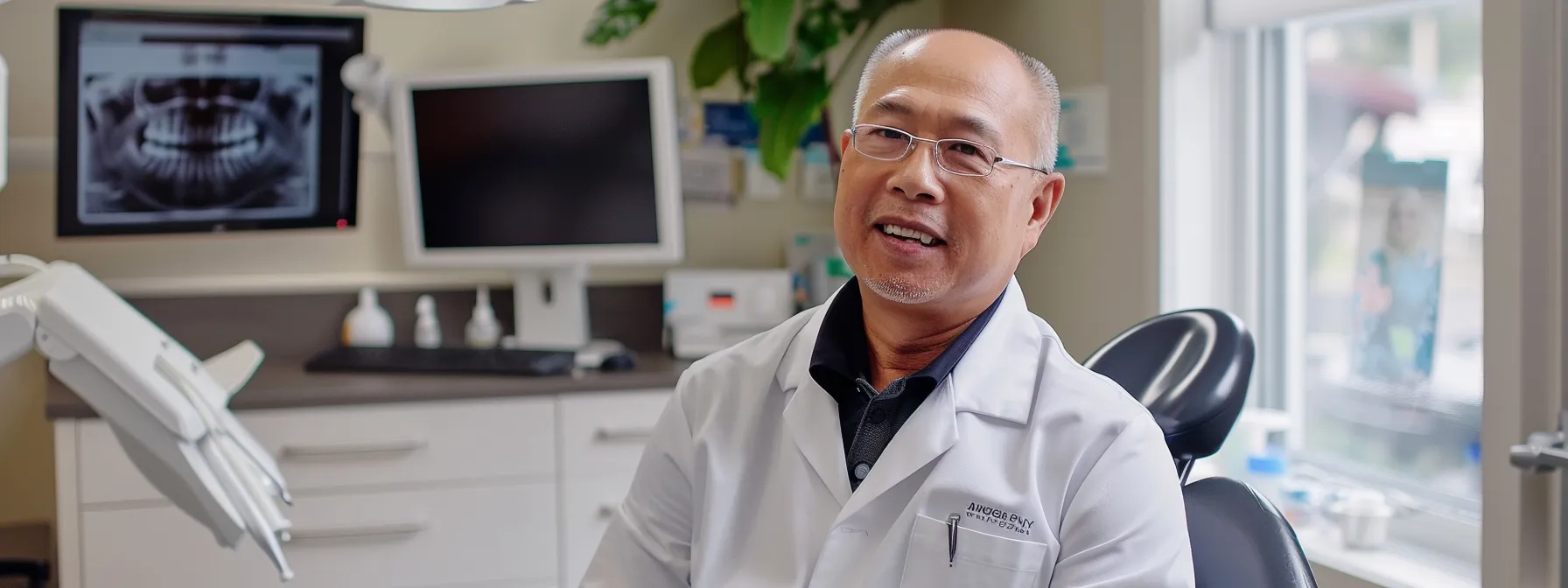a dentist examining a sparkling clean smile in a modern dental office in airdrie.
