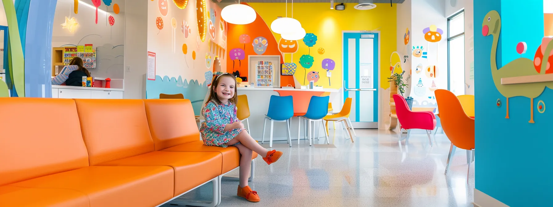 a smiling child sitting in a bright and colorful dental office, surrounded by playful decor and friendly staff.