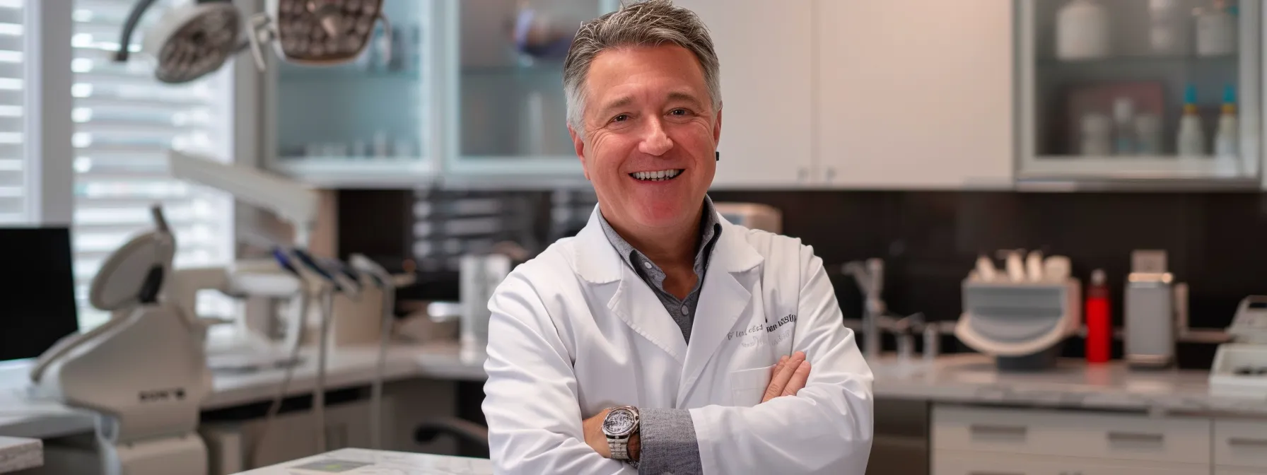 a smiling, professional dentist in a modern office setting, showcasing advanced dental implant technology.
