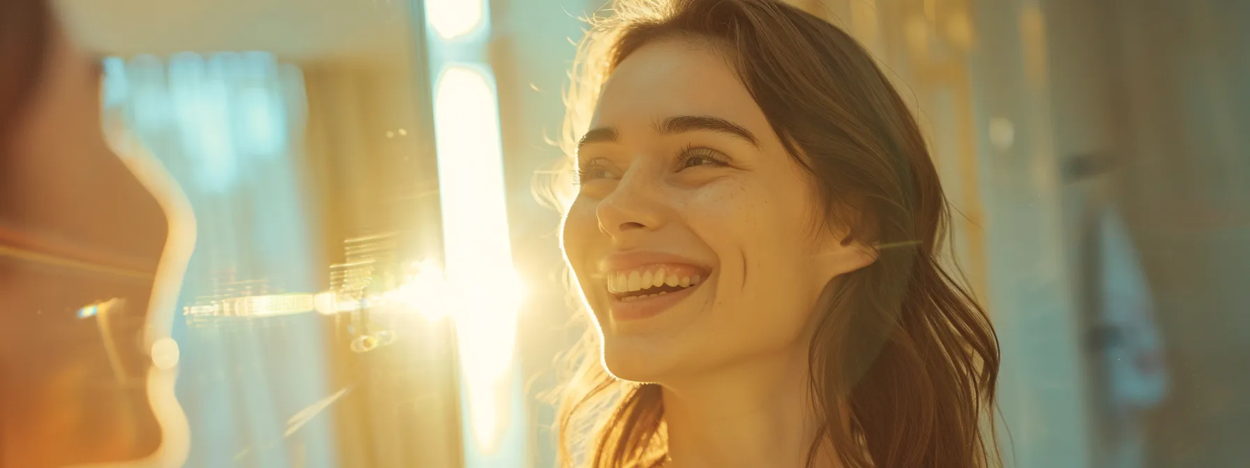 a woman with a radiant smile admiring her gleaming white teeth in a mirror after receiving airdrie teeth whitening treatment.