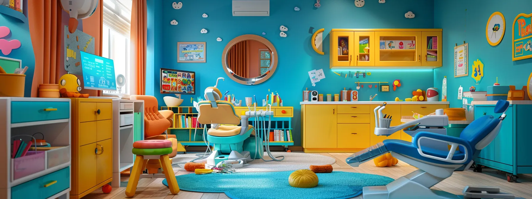 brightly colored, cartoon-themed dental office with inviting decor and child-friendly toys and books scattered around.