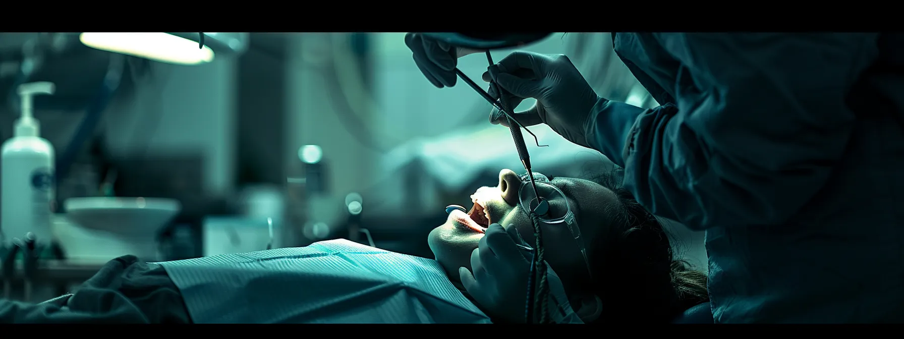 a dentist carefully extracting a tooth in a well-equipped emergency room.