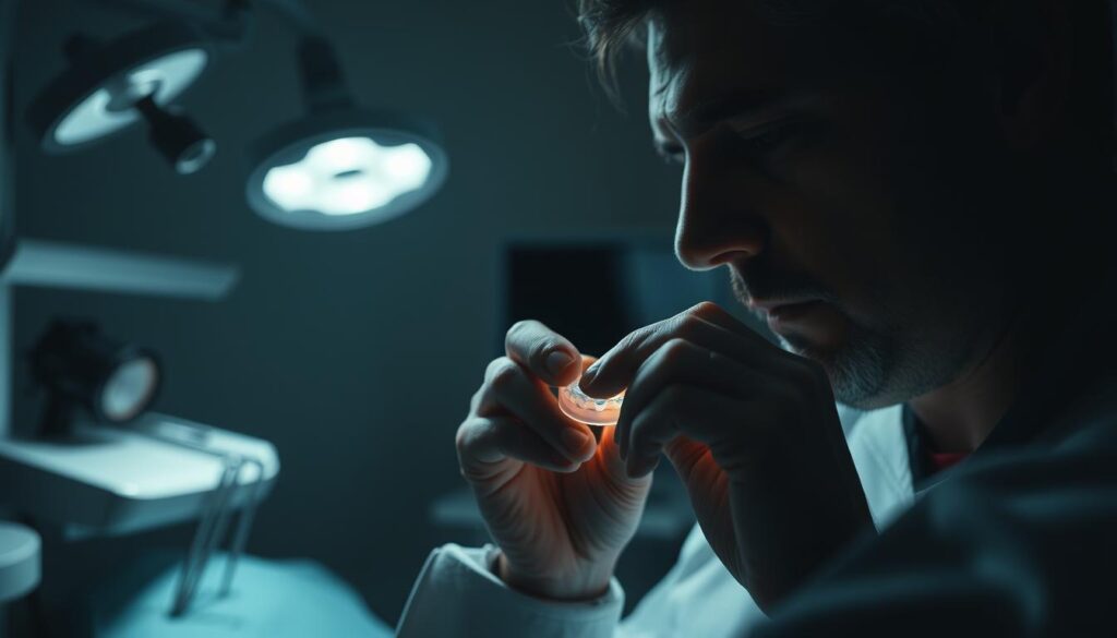 A dimly lit dental office, the patient reclined in an examination chair. In the foreground, a dentist's hands delicately adjusting a custom-fitted oral splint device. The middle ground reveals specialized dental equipment, including a high-powered light and magnifying lens. In the background, subtle shadows cast by the equipment create a sense of focused attention and professional care. The atmosphere is one of quiet concentration, with the dentist's brow furrowed in thoughtful examination. Soft, indirect lighting illuminates the scene, creating a calming, clinical ambiance.