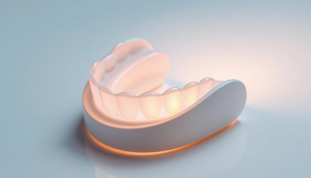 a highly detailed, photorealistic image of a custom-fitted dental mouth guard or night guard, designed to stop teeth grinding and clenching at night. The mouth guard is shown in a close-up view, with a soft, comfortable-looking material and a subtle, ergonomic shape that fits snugly over the user's teeth. The lighting is soft and diffused, highlighting the translucent, high-quality construction of the device. The background is a clean, minimalist setting, allowing the mouth guard to be the focal point of the image. The overall scene conveys a sense of dental health, personal care, and a practical solution to the problem of teeth grinding.