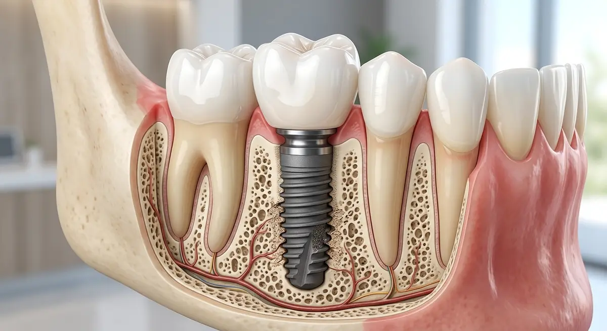 The Complete Guide to Tooth Replacement Option: Finding Your Perfect Smile - Apple Wellness Dental Close up illustration of a titanium dental implant fused with the jawbone supporting a ceramic crown