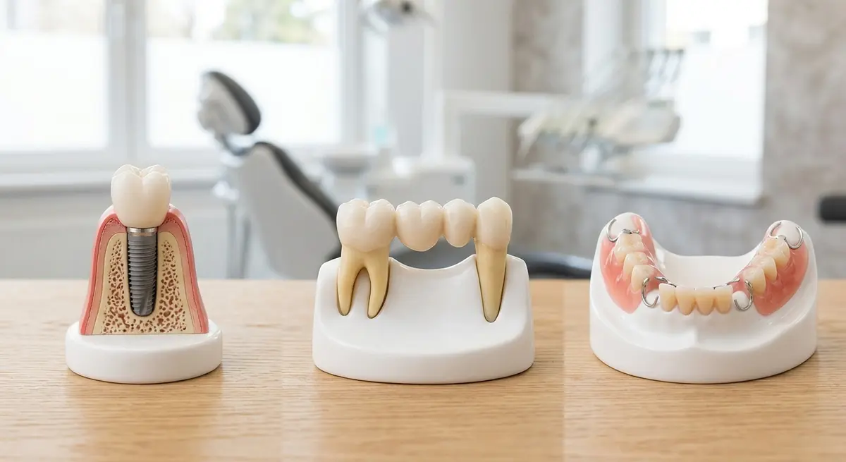 The Complete Guide to Tooth Replacement Option: Finding Your Perfect Smile - Apple Wellness Dental A side-by-side visual comparison of a dental implant, a dental bridge, and a partial denture