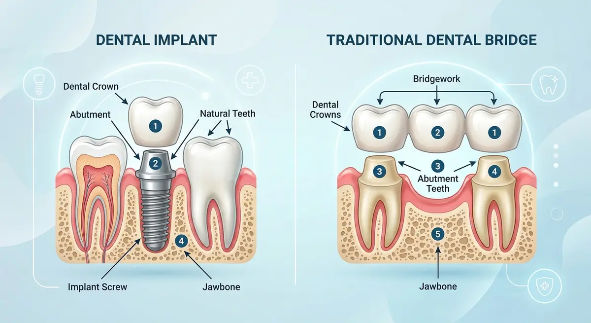 Diagram comparing the anatomical structure of a dental implant versus a traditional dental bridge