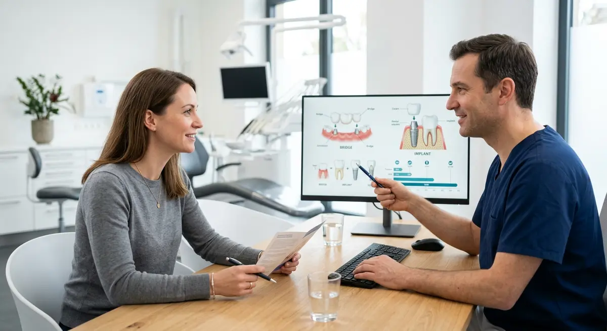 Patient consulting with a dentist about the timeline and cost differences between bridges and implants