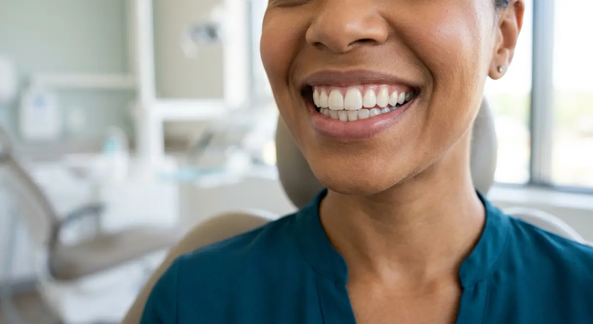 Close up of a healthy smile restored with modern dental implants and ceramic crowns