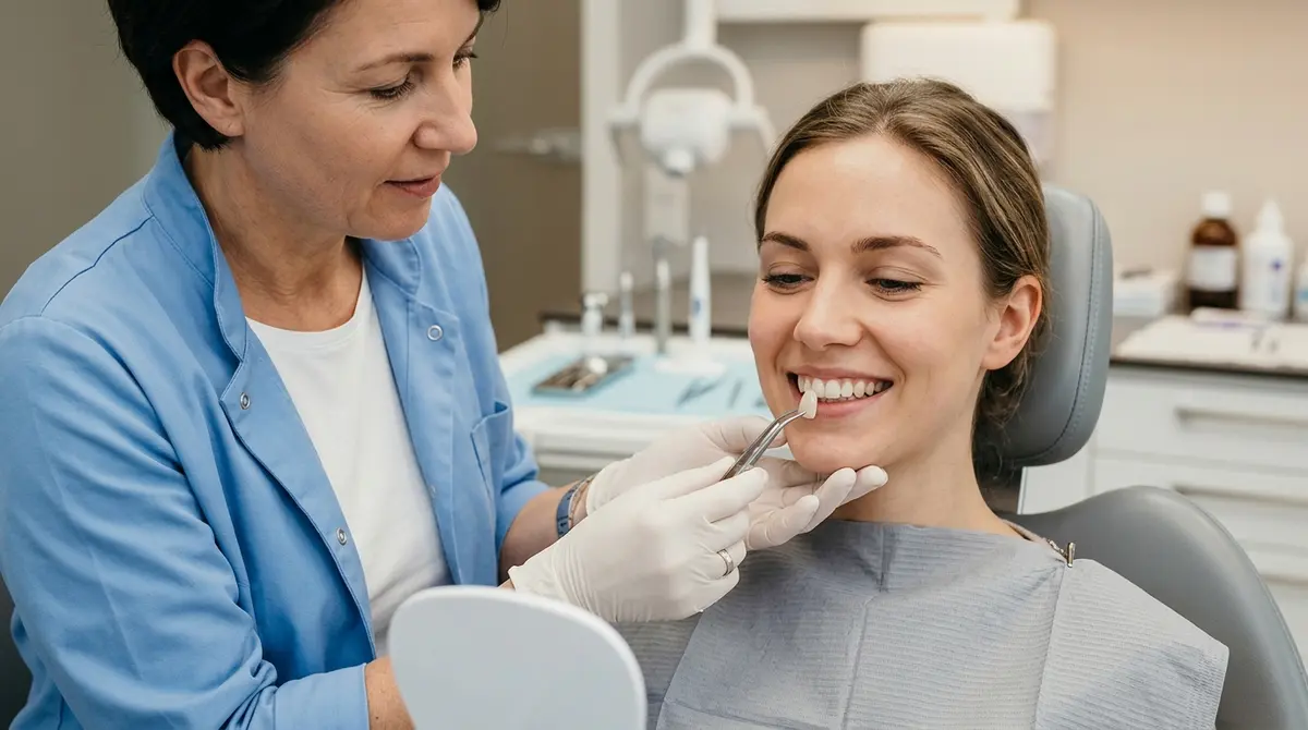 Close up of a dentist holding a porcelain veneer next to a patient's natural teeth for color matching