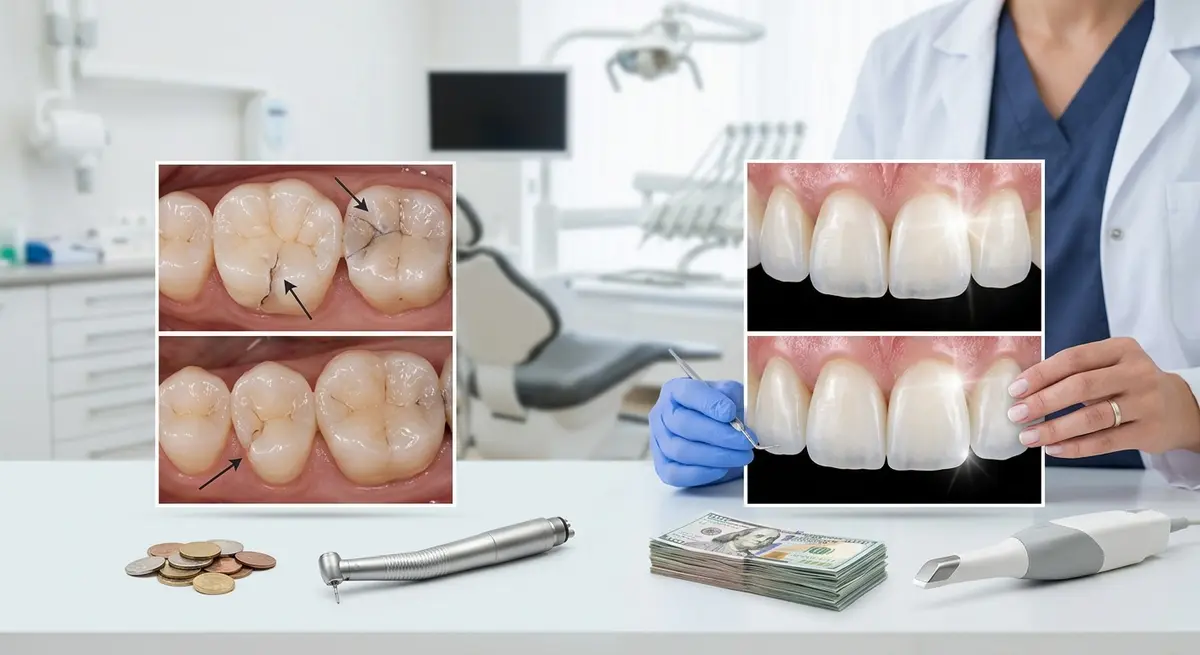 A comparison chart showing the differences in durability and cost between composite and porcelain dental materials