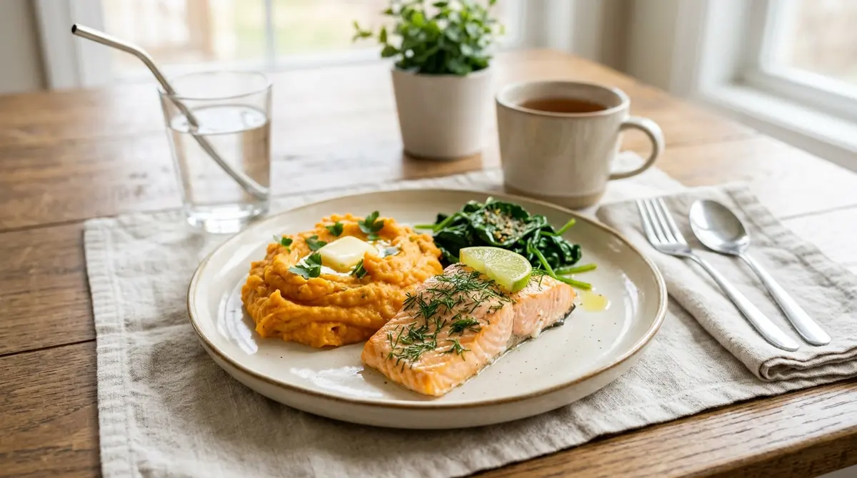 A healthy, balanced meal of soft foods including baked salmon and mashed sweet potatoes suitable for a post-extraction diet