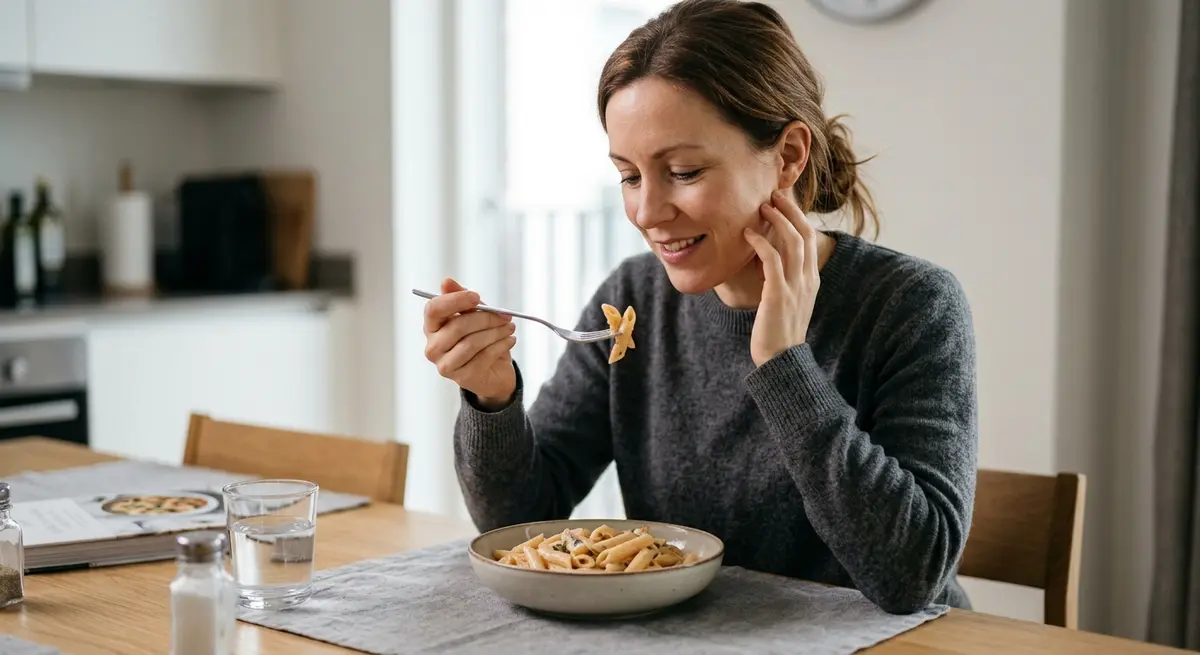 A patient carefully eating soft pasta on the opposite side of their mouth to protect a healing tooth extraction site