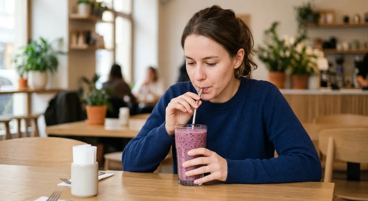How Long Does Dental Numbness Last? A Complete Guide to Local Anesthesia - Apple Wellness Dental A person drinking a smoothie through a straw to avoid chewing while their mouth is numb