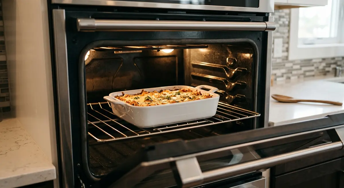 A white porcelain baking dish inside a modern kitchen oven
