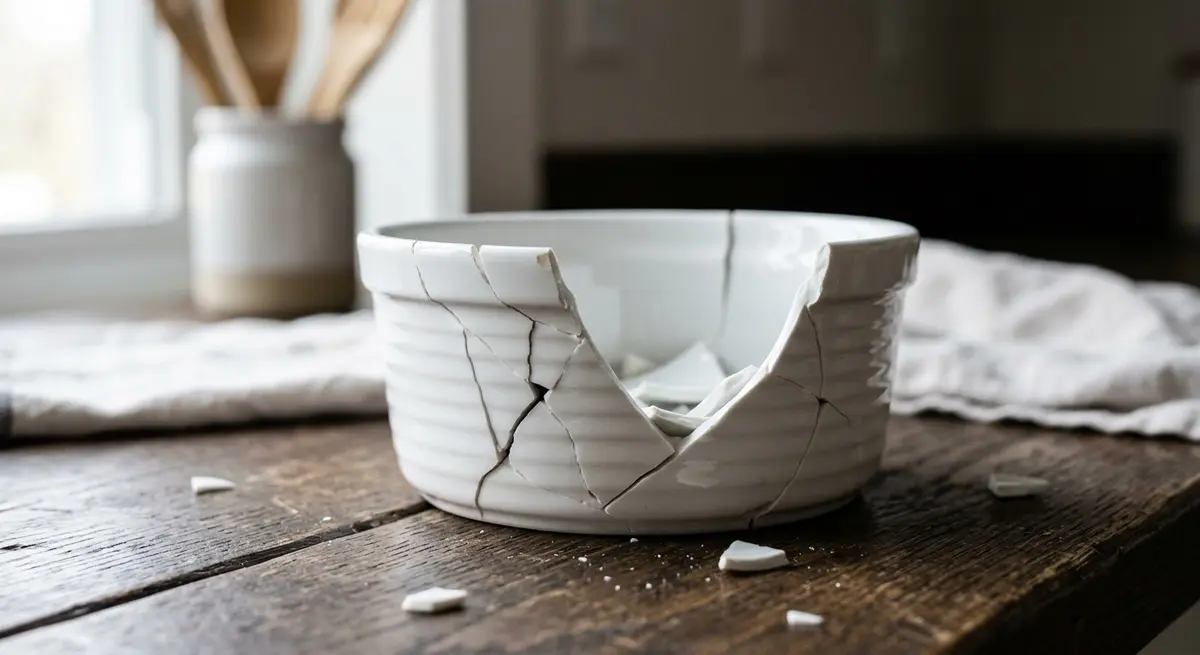 A close-up of a cracked porcelain dish due to severe thermal shock