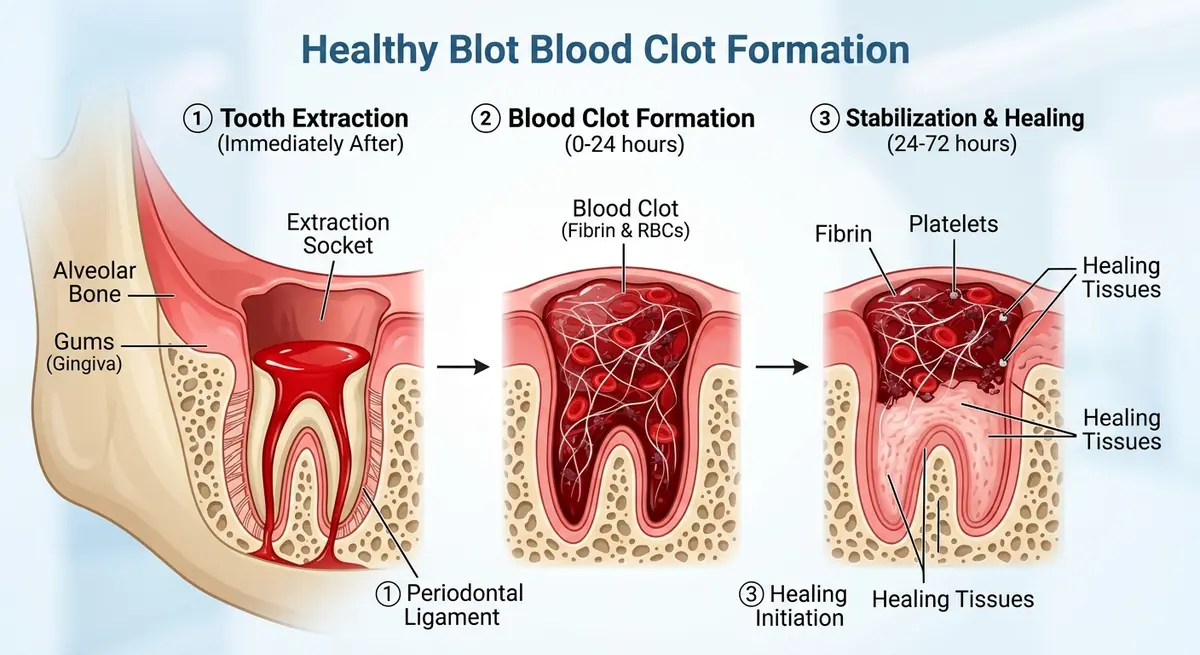 Diagram showing the formation of a healthy blood clot in a tooth socket after extraction