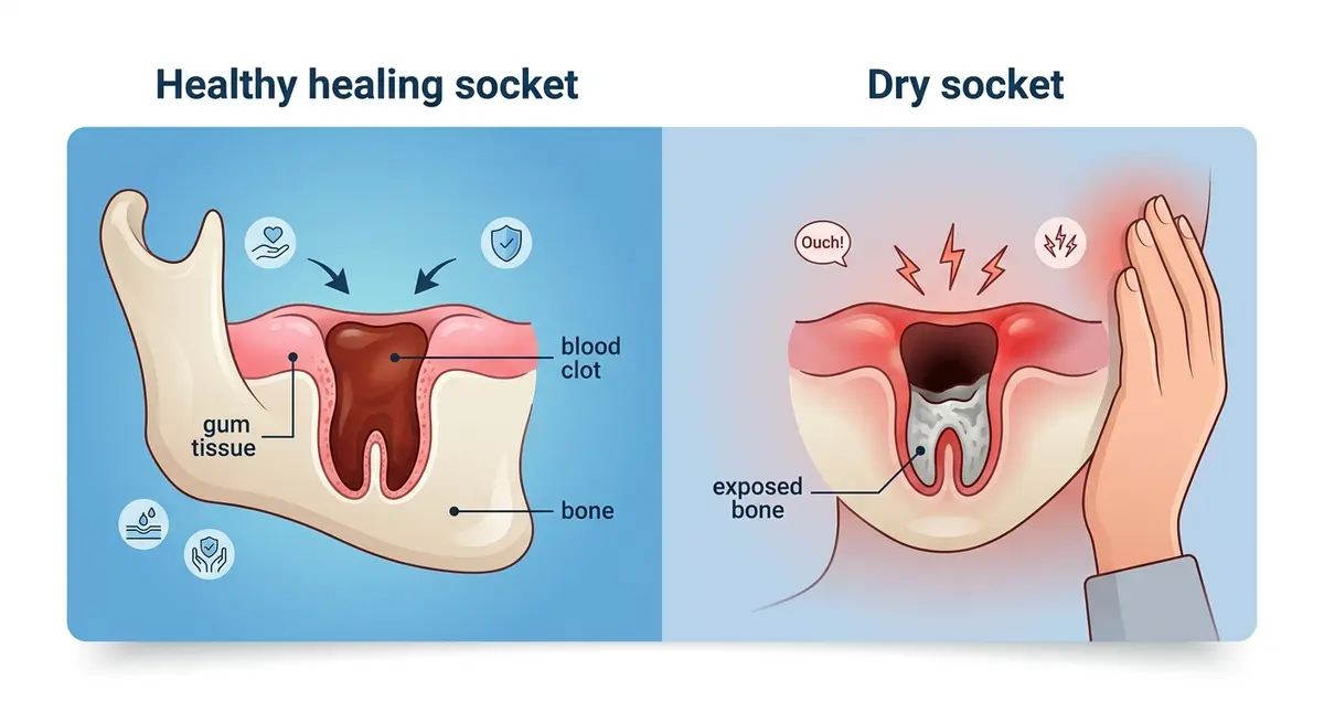 Comparison illustration showing a healthy healing socket versus a painful dry socket with exposed bone