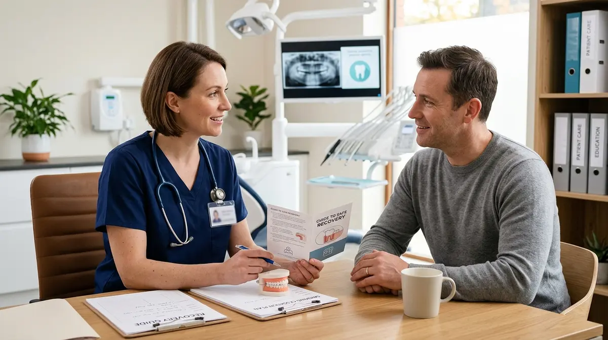 Patient consulting with a dental professional about safe recovery practices and smoking cessation