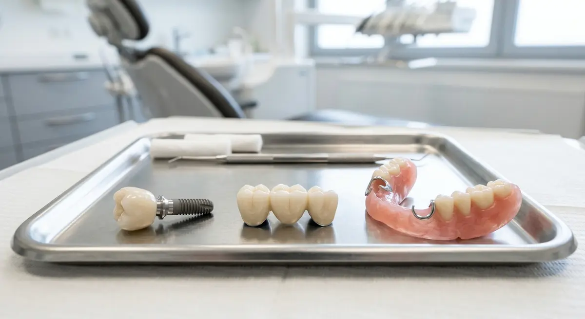 A side-by-side comparison of a dental implant, a dental bridge, and a partial denture resting on a clinical tray