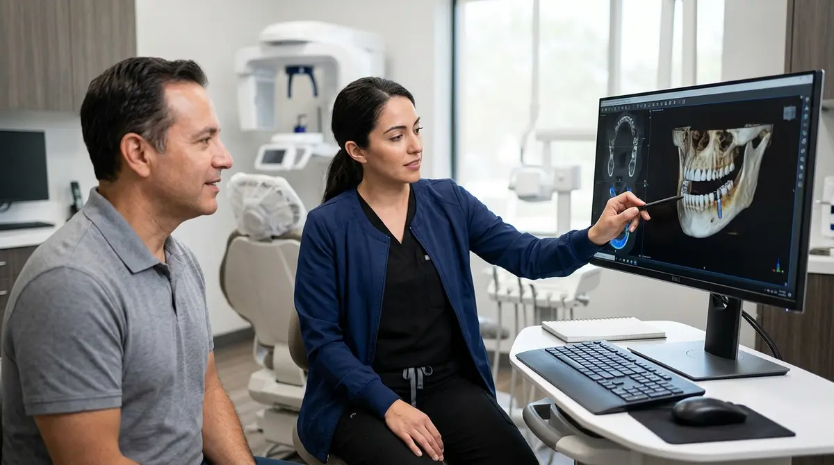 A dentist reviewing a 3D CBCT scan of a patient's jawbone on a computer monitor to plan an implant procedure