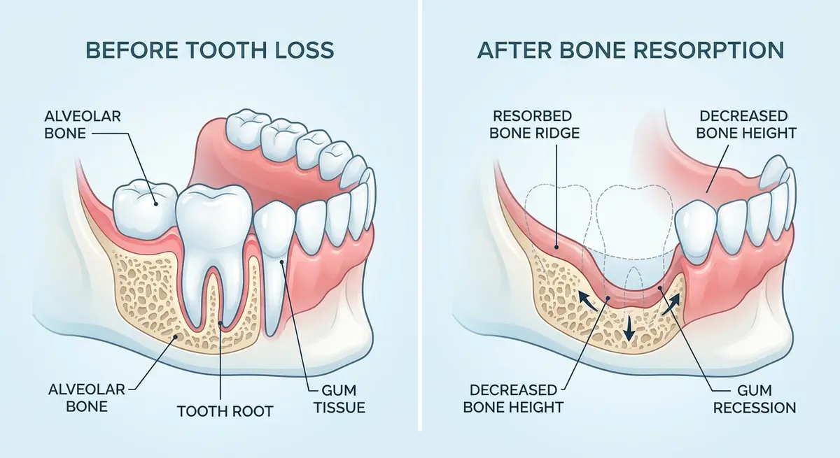 A detailed anatomical diagram showing the effects of bone resorption after a tooth is lost