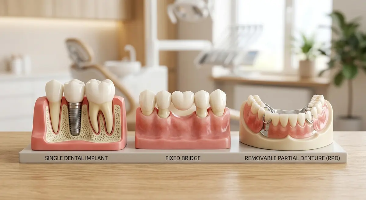 Side-by-side comparison of a dental implant, a fixed bridge, and a removable partial denture