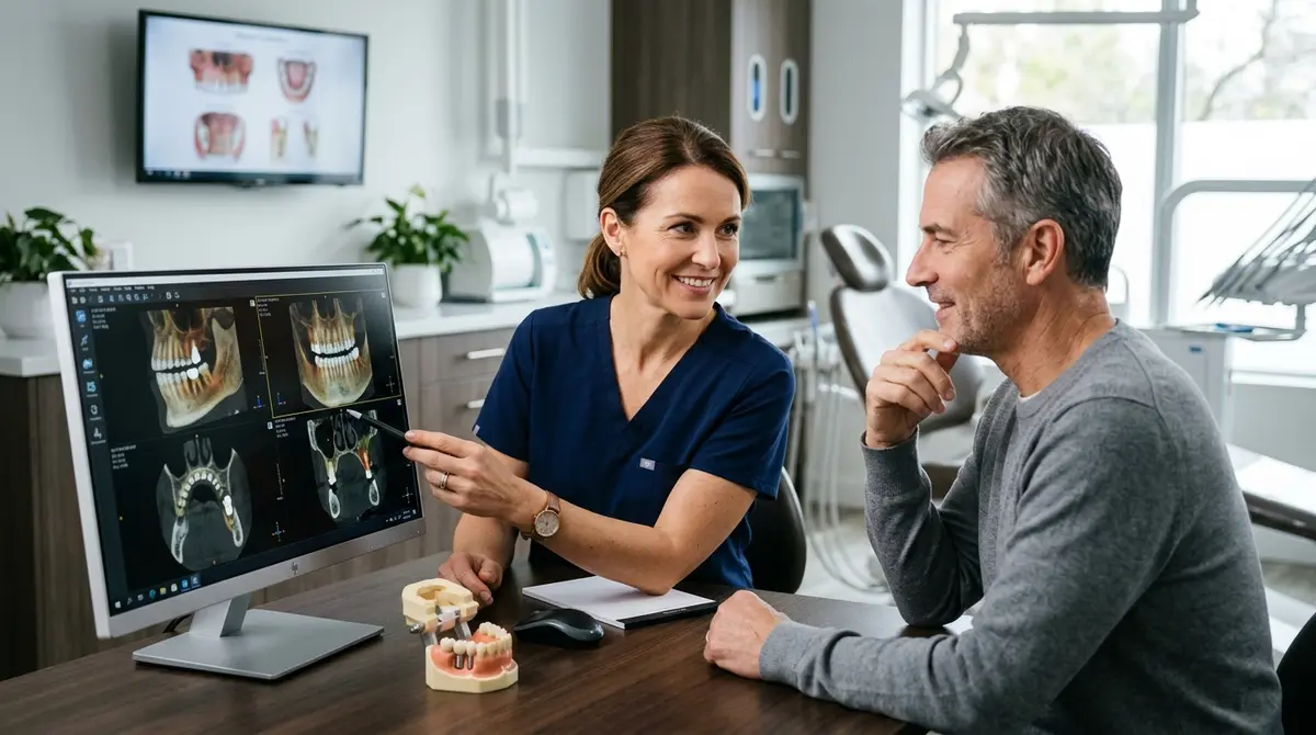 A dentist discussing 3D CBCT scans with a patient during a consultation for restorative dentistry