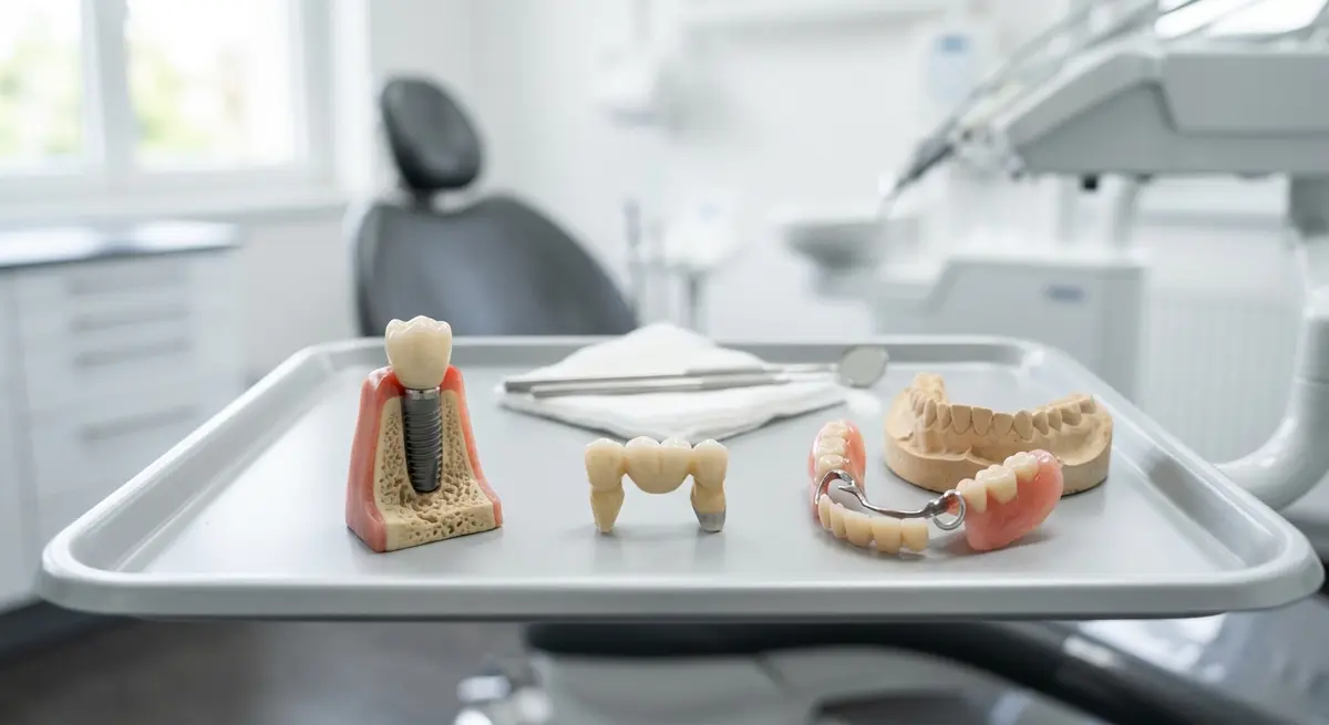 Comparison of a dental implant, a dental bridge, and a partial denture on a clinical table