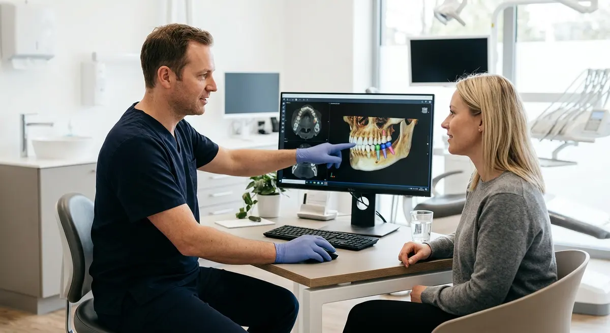 A dentist discussing 3D imaging results with a patient regarding tooth replacement options