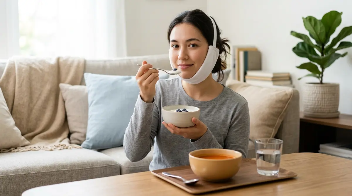 Patient eating soft foods like yogurt and soup during wisdom tooth recovery