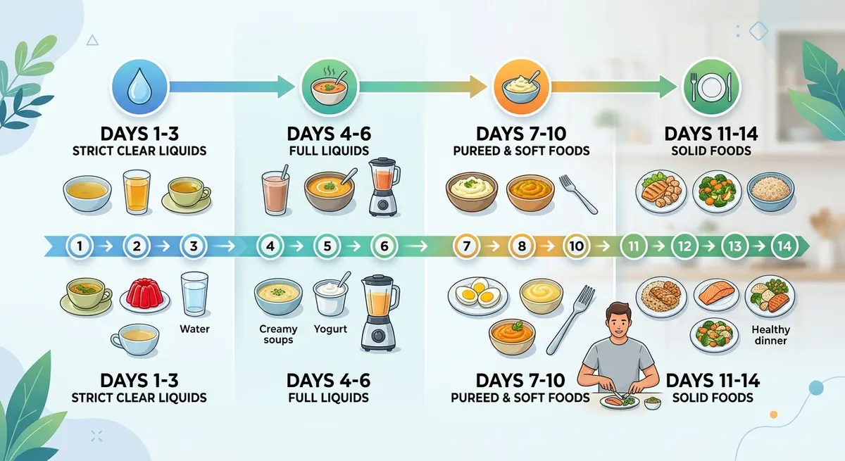 Timeline graphic showing the progression from liquid diet to solid foods over 14 days