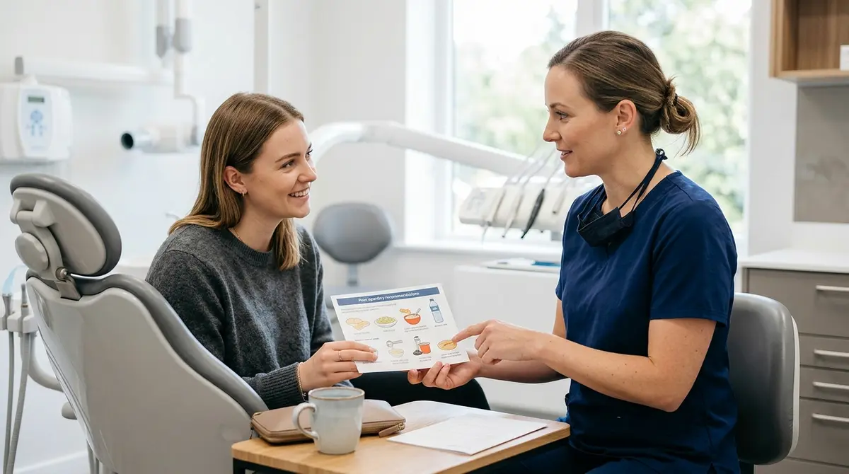 Dental professional explaining post-operative dietary guidelines to a patient