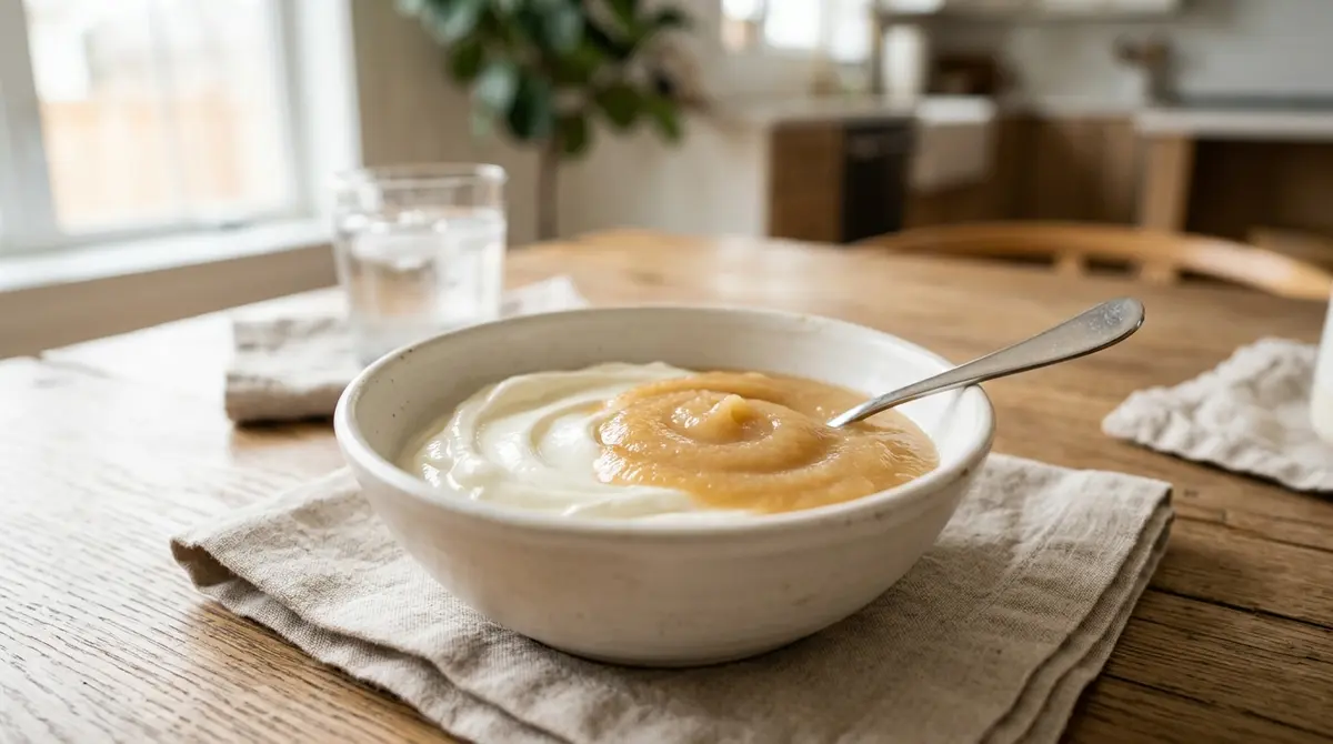 A bowl of smooth yogurt and applesauce, ideal soft foods for the first 24 hours after a tooth extraction