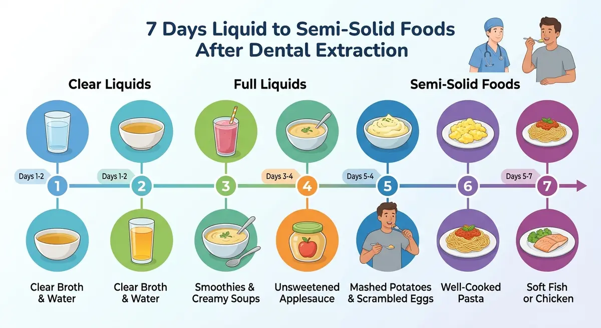 A timeline graphic showing the transition from liquid foods to semi-solid foods over a 7-day period post-extraction