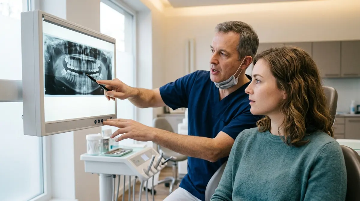 A dentist reviewing a panoramic dental X-ray with a patient to discuss wisdom tooth extraction costs