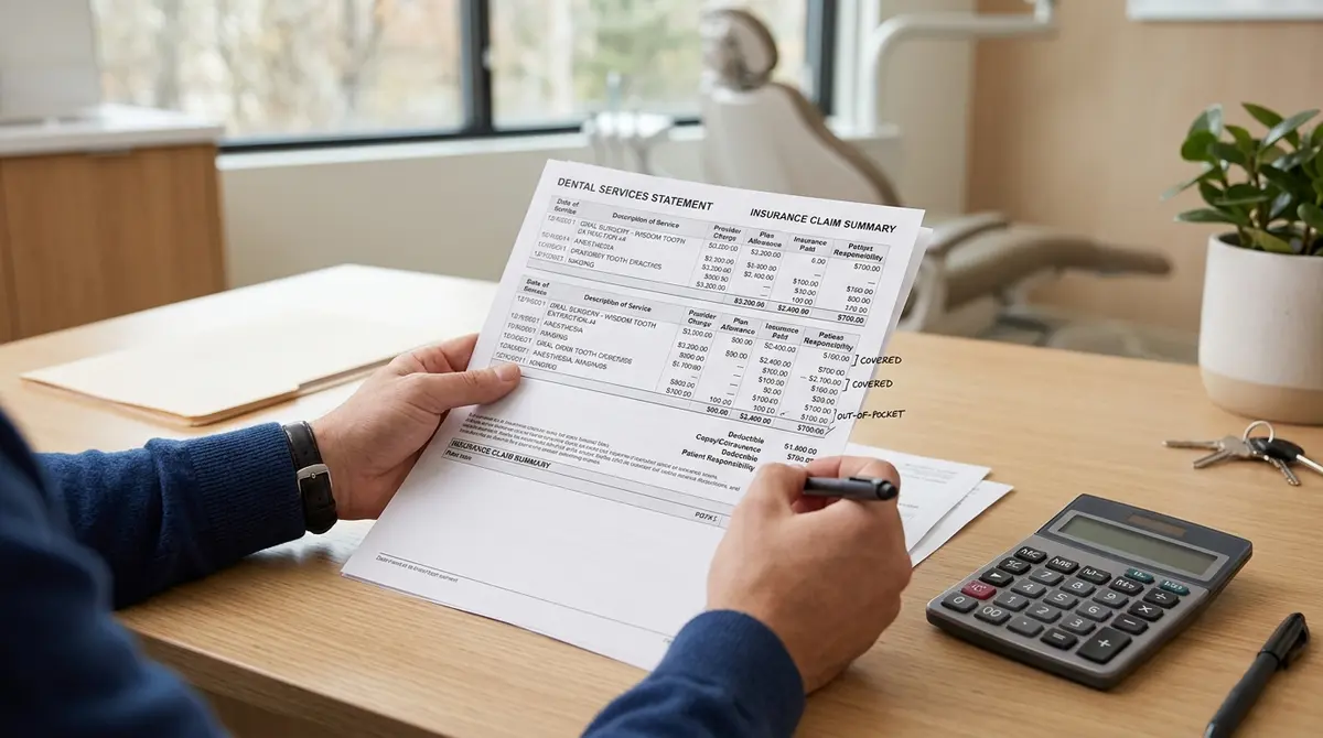 A detailed breakdown of a dental bill showing insurance coverage and out of pocket expenses for oral surgery