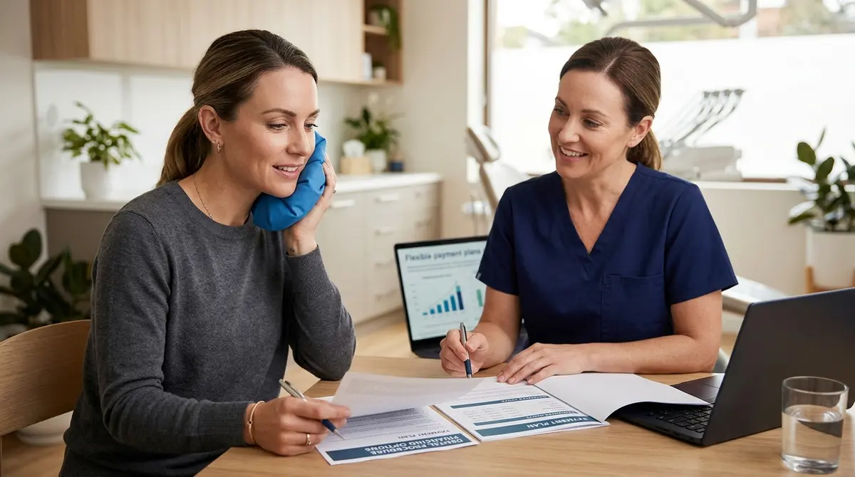 A patient holding an ice pack to their jaw while reviewing financing options for their dental procedure